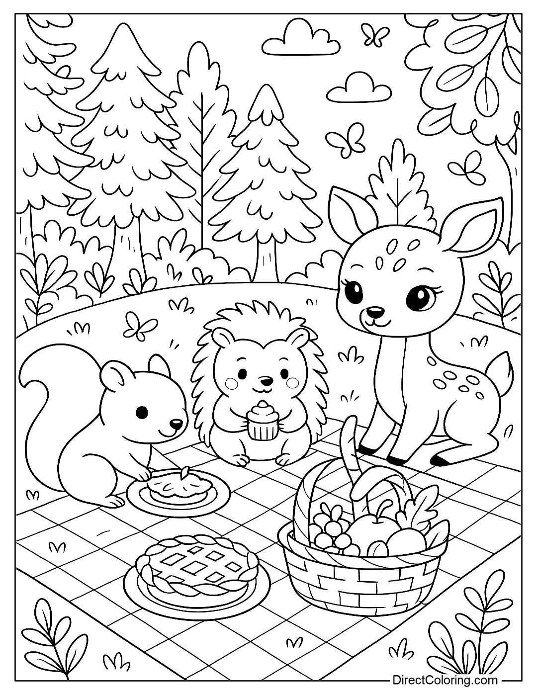 Coloring Page A picnic scene in the woods with squirrels, hedgehogs, and fawns, along with cakes and a fruit basket